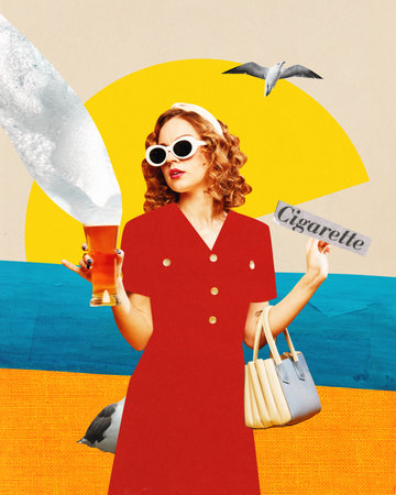 Young, sexy girl wearing drawn vintage dress holding beer glass. Travel, summer vacation and holidays concept. Contemporary art collage, creative design, ad posterの写真素材