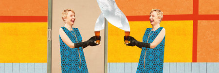 Laughing happy blond in retro drawn dress holding beer glass and smiling over colored background....