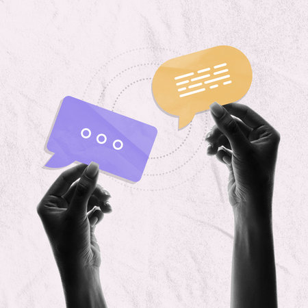 Human hands holding speech bubbles, messages. Checking business emails. Contemporary art collage. Conceptual design. Concept of business, professional occupation, career, office, ambitions, adの写真素材