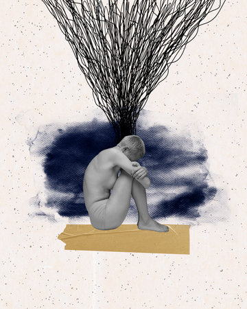 Young woman sitting in depression and sadness. Feeling lonely and stressful. Contemporary art collage. Concept of mental health, inner world, psychology, feelings. Conceptual designの写真素材