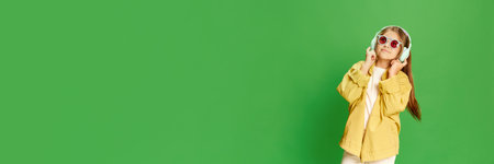 Relaxing girl with earphones. Wide photo little girl wearing stylishly, listening music over green background with smile looking at camera. Concept of technology, generation, childhood, lifestyle, ad.の写真素材