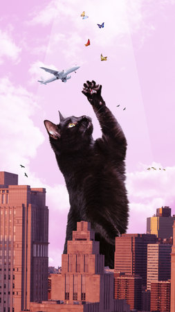 Contemporary art collage. Black cat catching butterflies over beautiful city landscape with skyscrapers. Concept of animal theme, surrealism, fantasy and imagination. Creative abstract design, adの写真素材