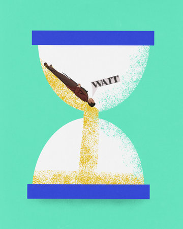 Contemporary art collage. Businessmen lies in pained hourglass. Time management. Deadlines. Rest....