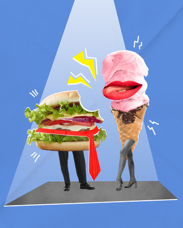 Modern artwork of mr hamburger and mrs ice cream over blue background with immitation of light. Concept of junk food, healthy food, veganism, healthy lifestyle, ad.の写真素材