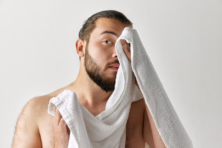 Photoshoot of man looking away and wiping towel after washing over light grey background. Concept of beauty, appearance, facecare, health, youth and ad.の写真素材