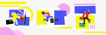 Knowledge, ideas, strategy. Workaholic. Contemporary art collage made of shots of young men who start new project. Concept of business, finance, career. Flyer.の写真素材