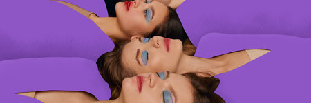 Banner. Artwork of lying young girls with bright makeup over painted purple background. Art work in...