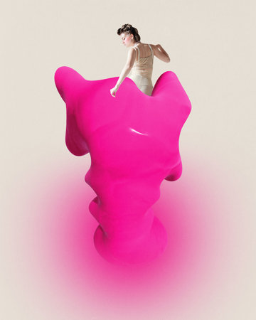 Image of young lady sit down on 3d neon pink shapeless figure over white background. Concept of curiosity, imagination, abstract, people and ad. 3dの写真素材