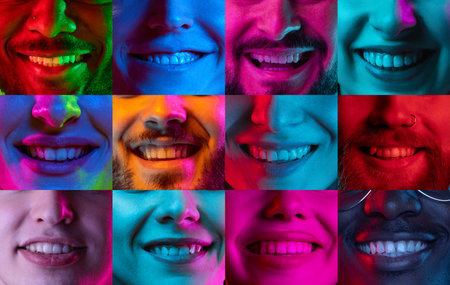 Collage with close up male and female faces, noses and smiling broadly mouths over multicolor studio background in neon light. Emotions, mood and facial expressions concept.の写真素材