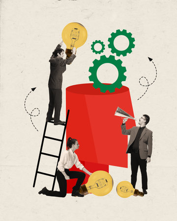 Startup. Group of people, employees start new project. Girl give electric bulb for man standing on ladder and boos with megaphone leads process. Concept of success, teamwork, new project and ad.の写真素材