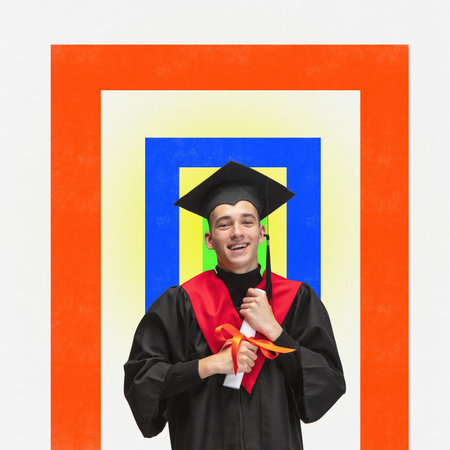 Portrait of young smiling boy in graduation gown with diploma in hands over painting background. Concept of education, youth, study, college lifestyle, graduation and ad.の写真素材