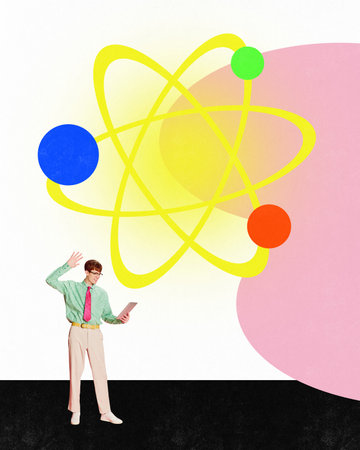 Model of atom or molecule. Near student who studing online throught tablet biology, physics or...