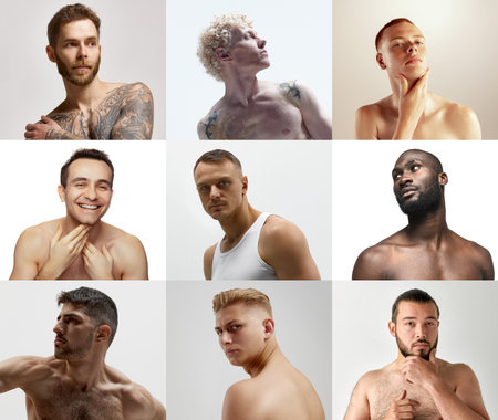 Collage made of portraits. Young handsome multietnic men with spotless, clearface, taking care of skin. Concept of mens health, beauty, skin care, hygiene and male cosmetologyの写真素材