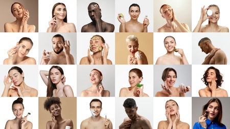 Young glad multinational men and women enjoy spa treatments and make makeup at home over pastel...