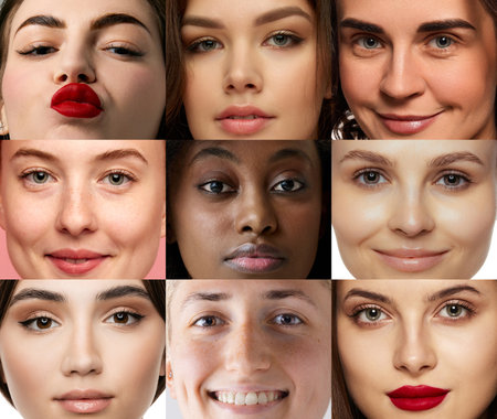 Set of cropped images of multietnical girls with well-kept young skin. Models smiling and looking at camera. Concept of emotion, youth, fashion, beauty, skincare and adの写真素材