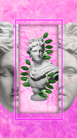 Contemporary art collage. Antique greek statue against laurel branches over watercolor pink background. Concept of creativity, inspiration, art and imagination. Creative design. Adの写真素材