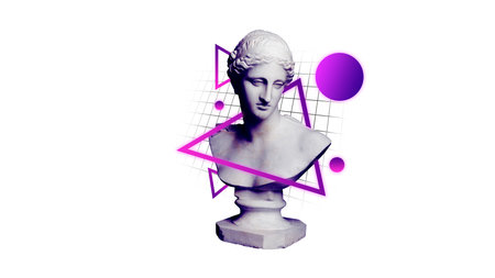 Contemporary art collage with antique statue bust against white background with abstract elements....