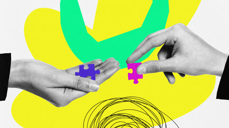 Contemporary art collage of hands making puzzles over bright colorful background. Concept of team...