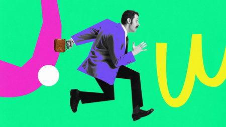 Contemporary art collage of running person holding briefcase over painted bright colorful...