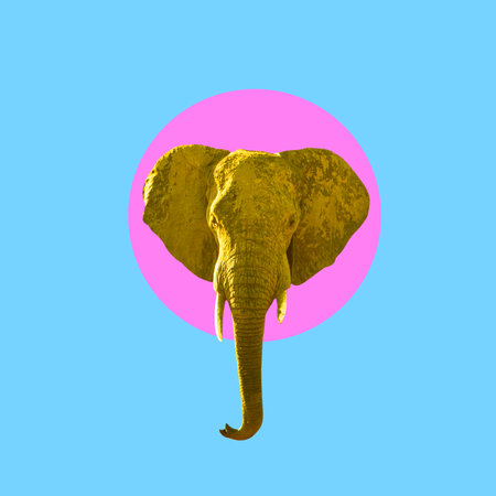Creative modern contemporary art. Yellow elephant head inside pink circle on blue background....