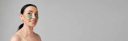 Mature woman with green eye patches of eyes dark circles over grey looking away background. Concept of beauty, natural make-up, skin care, healthy look. Banner. Copy space for adの写真素材