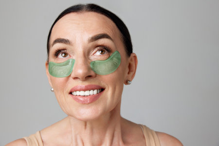 Headshot of magnificent mature woman with patches for eyes smiling and looking up over grey background. Beauty, cosmetology, skin care, emotion concept. Model with well-kept skinの写真素材