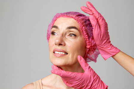 Profile senior woman getting preparing for plastic surgery procedures by doctor touching her face skin in pink gloves. Beauty, cosmetology, anti-aging, skin care, injections concept.の写真素材