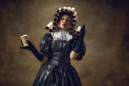 Portrait grimacing woman with paper tube wig in black dress made of garbage bags holding smartphone...