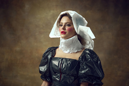 Portrait of elegance woman dressed poliethylene white cap and black dress made of garbage bags looking away over vintage background. Concept of environmental issues, recycling, style, fashion.の写真素材