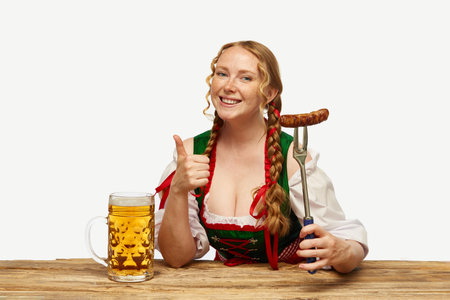 Beer festival. Adorable woman, waitress wearing a traditional Bavarian or german dirndl holding big mug of beer.の写真素材