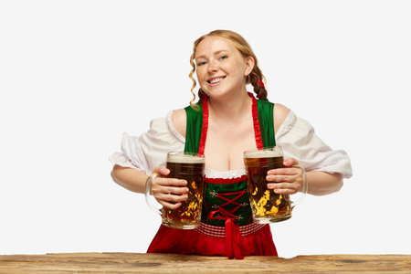 Waitress. Friendly young woman wearing folk German dirndl with two beer mugs over white background.の写真素材