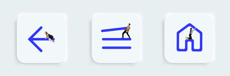 Arrow back, menu, home icons, buttons for web, computer and mobile app. Young businesswoman and men interact with signs. Graphic, web disign, digital education, gadgets, visual concept. Ad.の写真素材