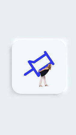 Art collage. Push pin icon, button for web, computer and mobile app. Young businesswoman carrying...