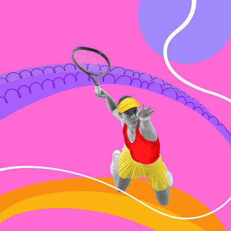 Contemporary creative art collage. Professional female tennis player jumping with racquet on colorful vivid drawing background. Concept of sport, healthy lifestyle, fashion, recreation, ad.の写真素材