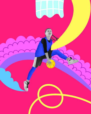 Contemporary art collage. Composition with female basketball player uses feint to score agoal onto opponents ring. Trendy urban style. Sport, healthy lifestyle, creativity, inspiration, hobby conceptの写真素材