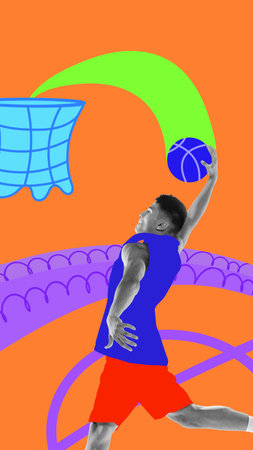 Contemporary art collage. Composition with male basketball player performing slam dunk to colorful painted basket. Trendy urban style. Sport, healthy lifestyle, creativity, inspiration, hobby concept.の写真素材