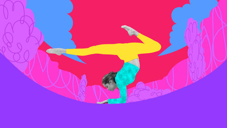 Contemporary art collage with flexible beautiful little girl, gymnastics artist doing stretching...