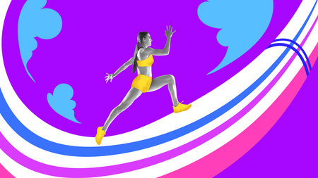 Creative artwork. Sportive lady with black-white filter effect, training fast speed running over bright painted background. Concept of sport, healthy lifestyle, creativity, inspiration, hobby.の写真素材