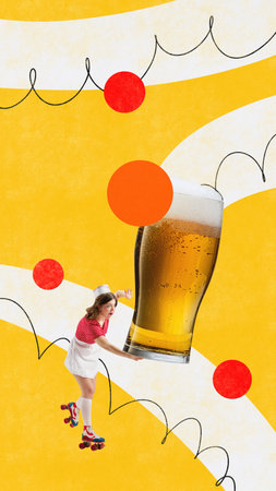 Bright colorful poster with woman dressed retro on roller-skaters dropping huge mug beer. Contemporary art collage. Concept of drinks, alcohol, festivals, party, Friday moodの写真素材