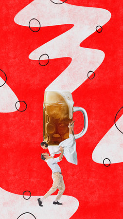 Contemporary art collage of couple, women and men dressed retro, dancing with huge glass of foamy...