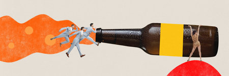Contemporary art collage with group of young gentleman wearing retro clothes goes to huge bottle of overflowing beer and sexy lady. Concept of drinks, alcohol, festivals. Ad. Bannerの写真素材