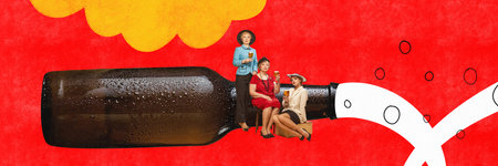 Three happy cheerful women at beer party. Contemporary art collage. Ladies with huge bottle of beer. Concept of drinks, alcohol,  festivals, vacation, party, celebrating, adの写真素材
