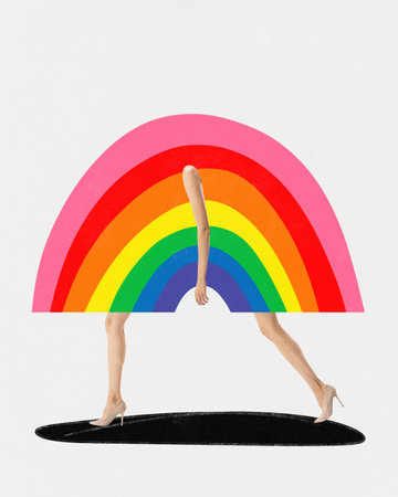 Contemporary art collage. Humanised rainbow with legs and and arms goes confidently. LGBTQ support. Human rights, freedom. Concept of love, relationship, equality. trendy urban magazine styleの写真素材