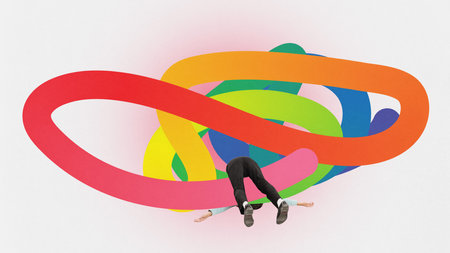 Contemporary art collage. Young man lying in colorful gradient rainbow confused lines. LGBTQ...