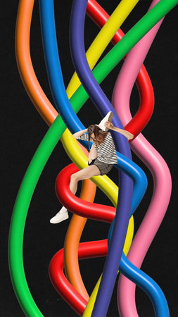 Contemporary artwork. Young flexible woman between colorful gradient rainbow confused lines isolated...