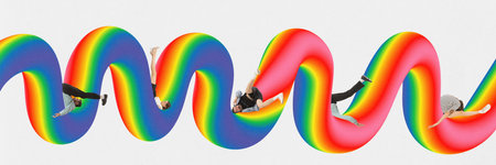 Contemporary art collage. Young people in strange poses lying in curves of gradient rainbow line. LGBTQ support. Human rights, freedom. Concept of love, relationship, equality. Banner for adの写真素材