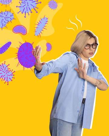 Contemporary art collage. Young grimacing girl in glasses dressed casually fights off harmful bright...