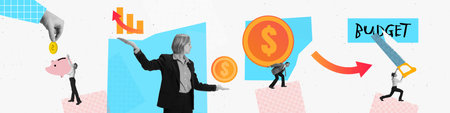 Contemporary creative art collage of business people hold money coin put saving bank, investment, earnings. Financial literacy. concept of business, finance, money. banner with copy space for adの写真素材