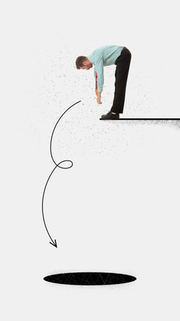 Contemporary art collage. Creative artwork of businessman jumping of the ski jump into nowhere, hole isolated on painting background. Failure. Concept of business, career growth. Copy space for ad.の写真素材