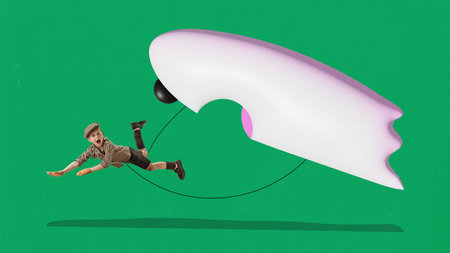 Contemporary art collage. Huge white frightening ghost catching falling shocked little boy dressed...
